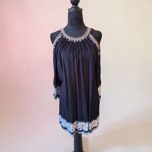 En Creme Navy High Beaded Neck Tank Cold Shoulder Dress/Tunic - Size L